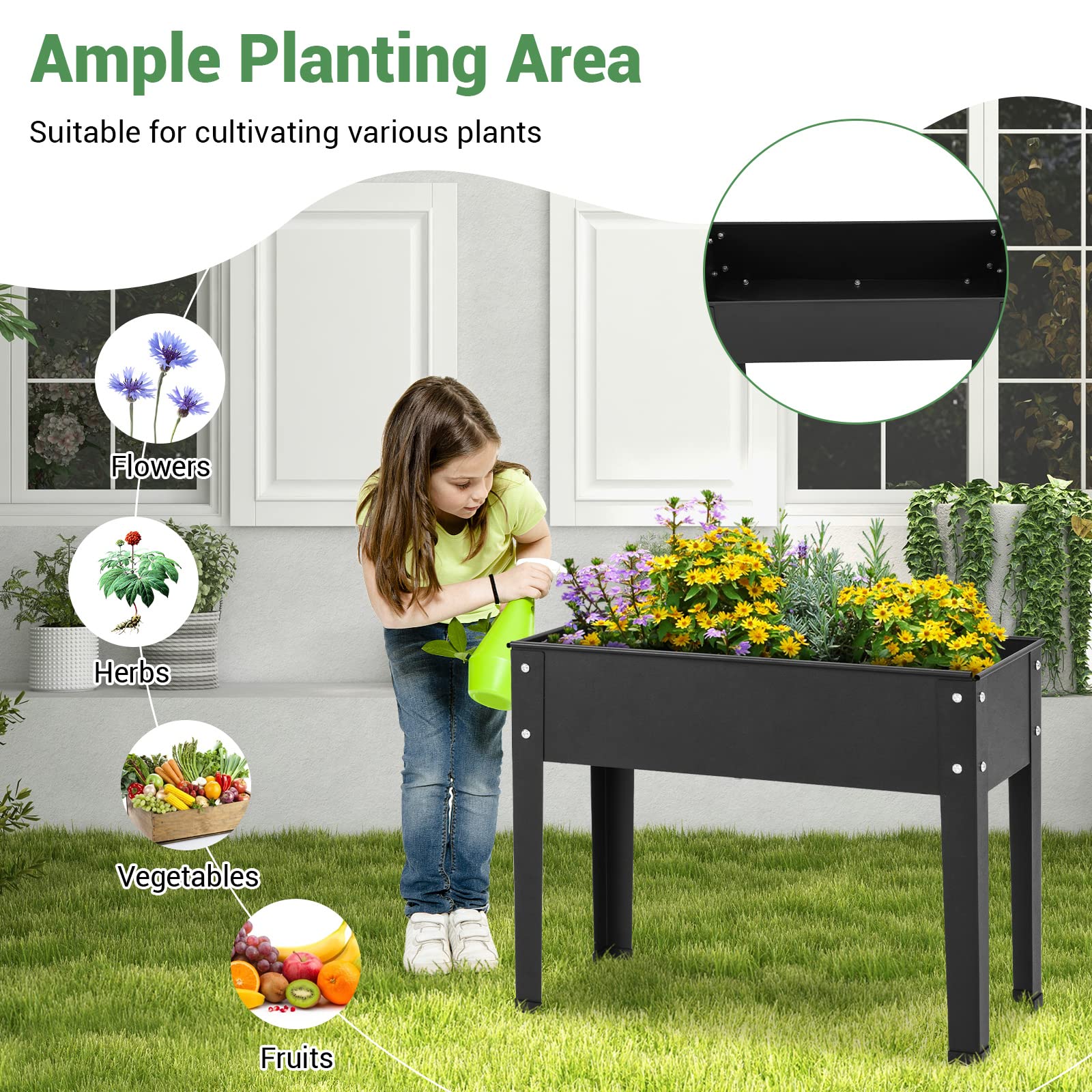 Lucktree Raised Garden Bed, Metal Planter Box with Legs, Drain Hole, Outdoor Indoor Elevated Garden Box